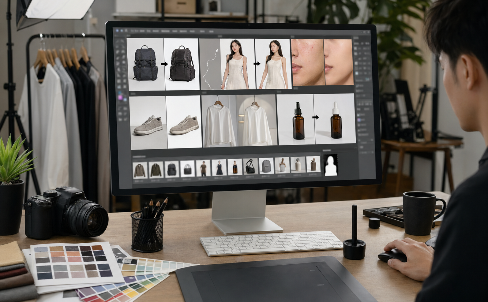 Photoshop 配合 Photoshop 完成操作步骤：传统流程 9 步 vs AI 流程 5 步